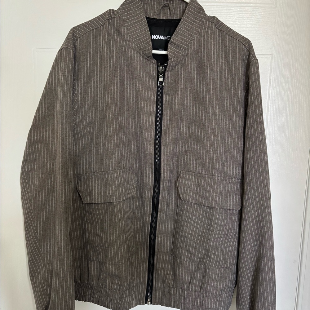 Fashion Nova Men Brown Pinstripe Bomber Jacket